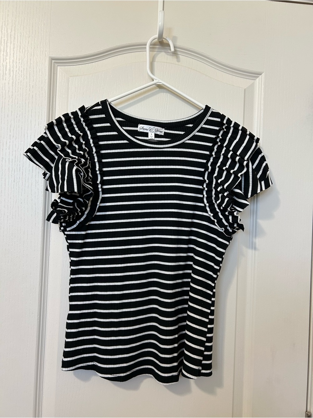 Striped Ruffle Sleeve Tee - Black & White